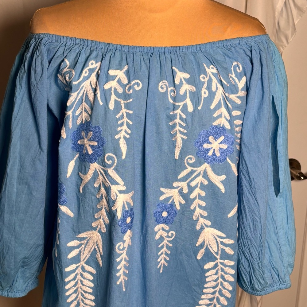 Debbie Katz Blue Embroidered Boho Beach Cover Up Off Shoulder Cotton L - Picture 2 of 6